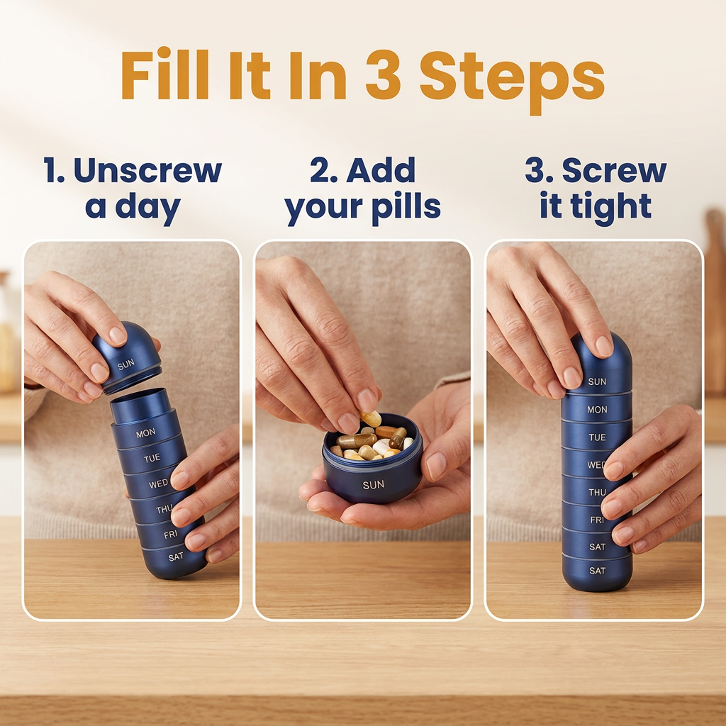 7-Day Aluminum Travel Pill Organizer – Waterproof Screw-On Pill Case with Etched Day Labels & Lanyard