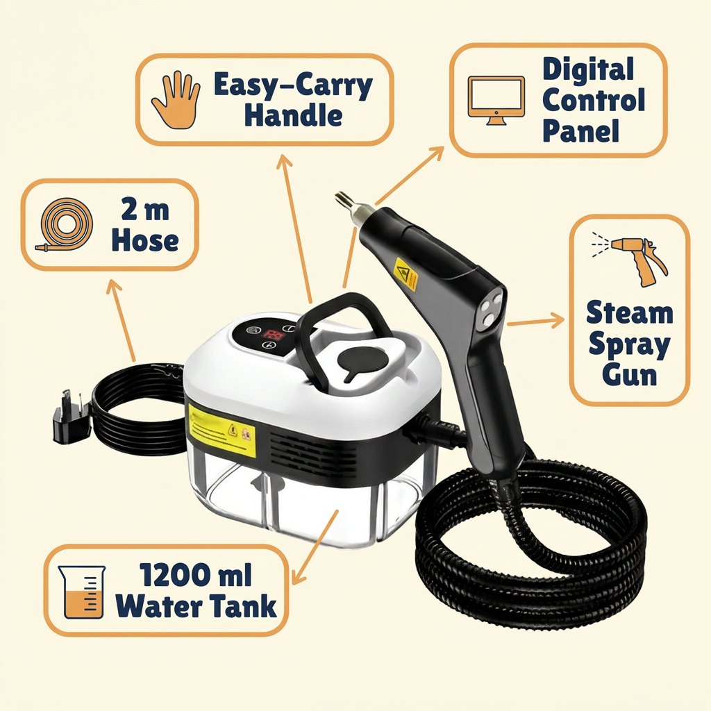 Portable Steam Cleaner with Spray Gun – 6 Steam Levels, 1200 ml Tank (CLAUDE VERSION 3)