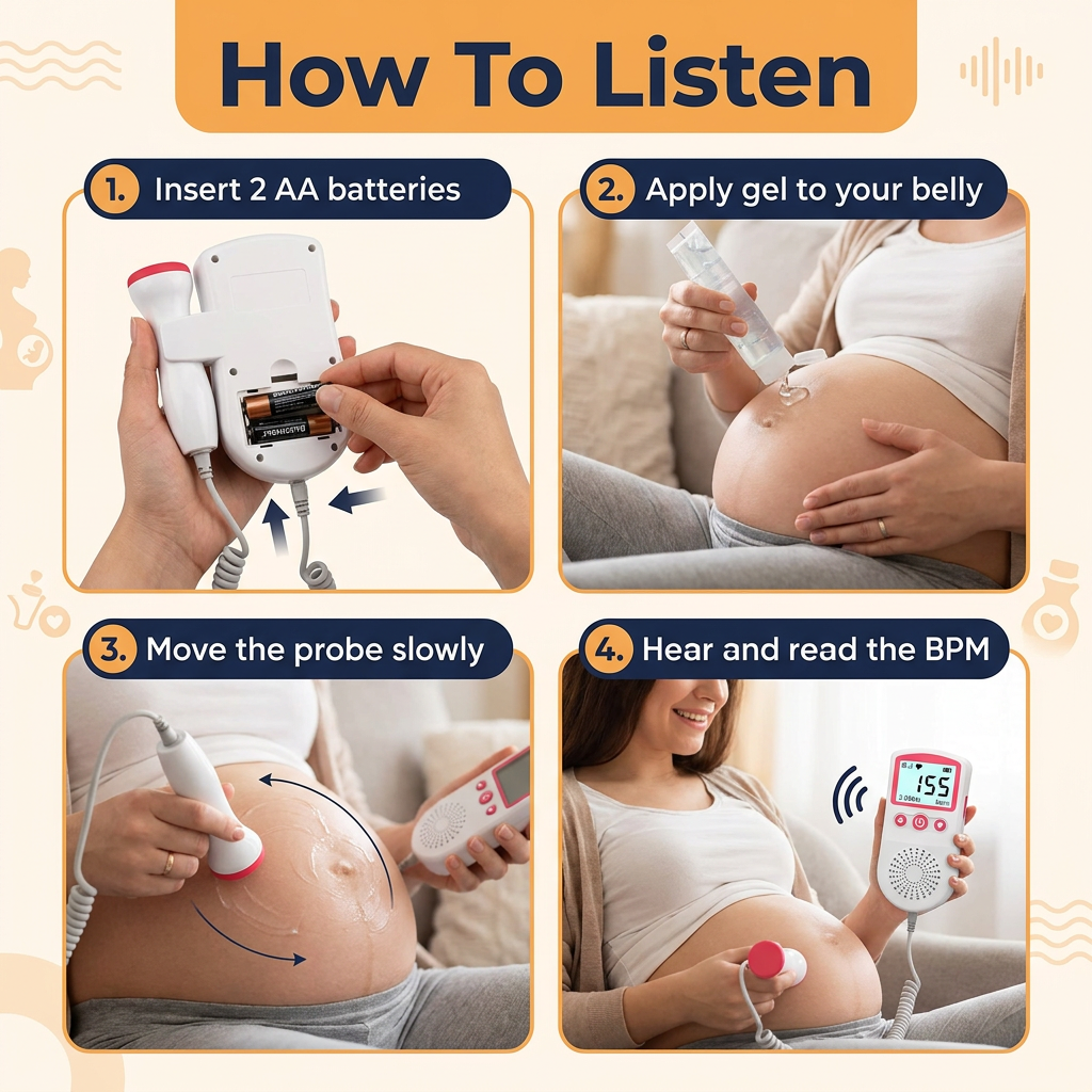 Fetal Doppler Heart Rate Monitor – Home Baby Heartbeat Listener with 3 MHz Probe, Speaker & Backlit LCD
