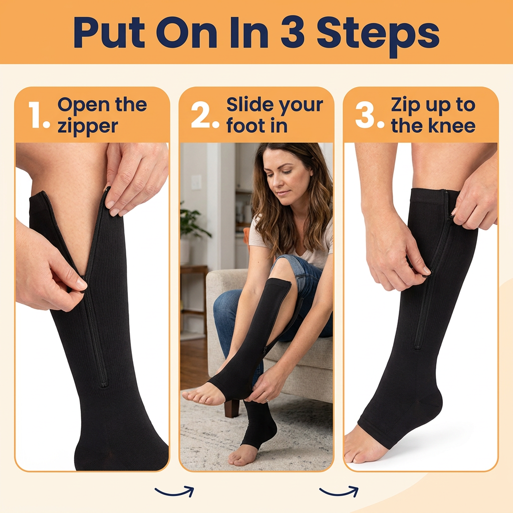 Zipper Compression Socks 20-30 mmHg – Open Toe Knee-High Support Stockings for Swelling & Tired Legs, Unisex