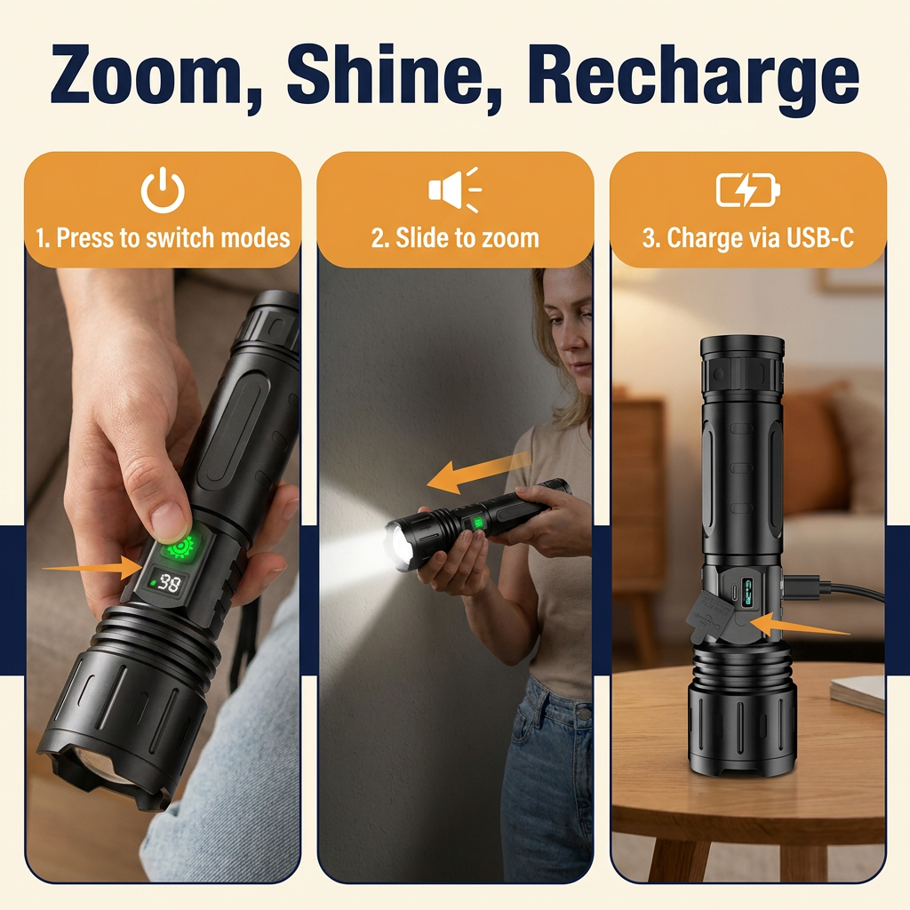 Rechargeable LED Tactical Flashlight – Zoomable High-Power Torch, 3280 ft Beam, 5 Modes, USB-C Power Bank, IPX5 Waterproof