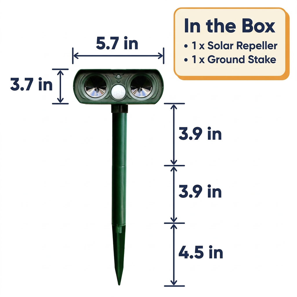 Solar Animal Repeller – Ultrasonic Outdoor Deterrent with Motion Sensor & Flashing Light for Deer, Squirrels, Cats