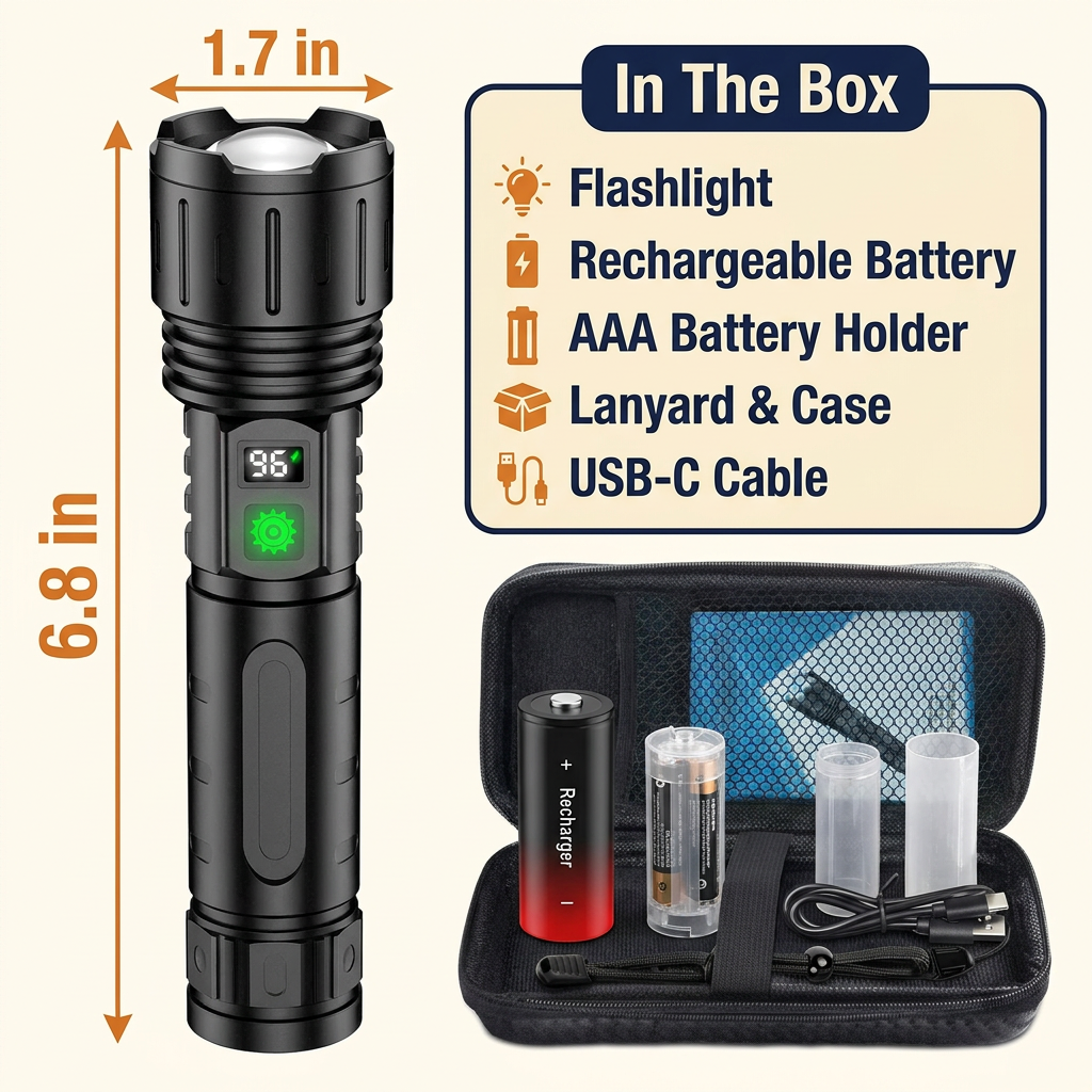 Rechargeable LED Tactical Flashlight – Zoomable High-Power Torch, 3280 ft Beam, 5 Modes, USB-C Power Bank, IPX5 Waterproof
