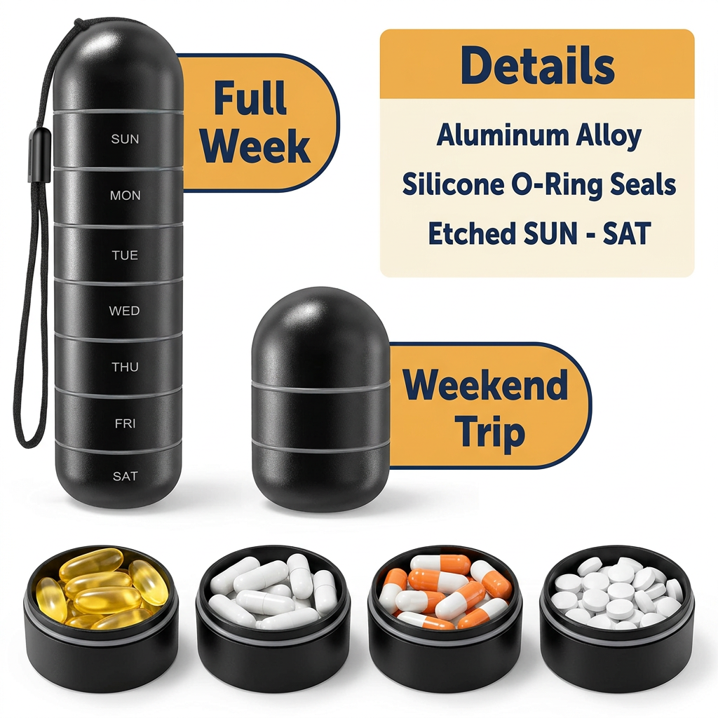 7-Day Aluminum Travel Pill Organizer – Waterproof Screw-On Pill Case with Etched Day Labels & Lanyard