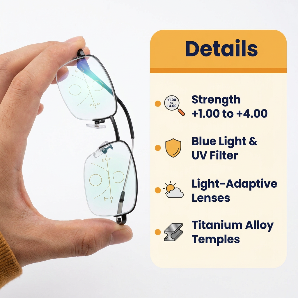 Progressive Multifocal Reading Glasses – Near, Middle & Far Vision, Light-Adaptive Blue Light Blocking Lenses