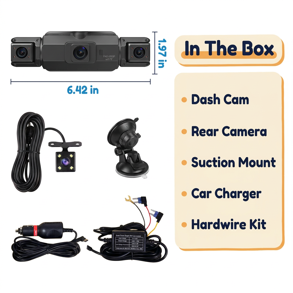 4-Channel Dash Cam Front, Rear & Inside – WiFi App, 1080P, Infrared Night Vision, 3 Inch Screen & 24H Parking Monitor