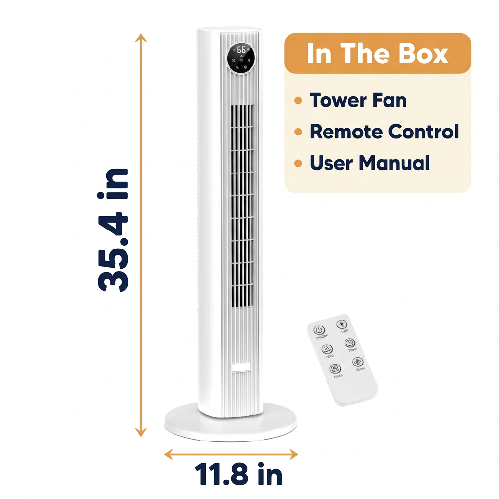Oscillating Tower Fan with Remote – 35 in Quiet Bedroom Fan with 90° Oscillation, 4 Modes, 12-Hour Timer & LED Display
