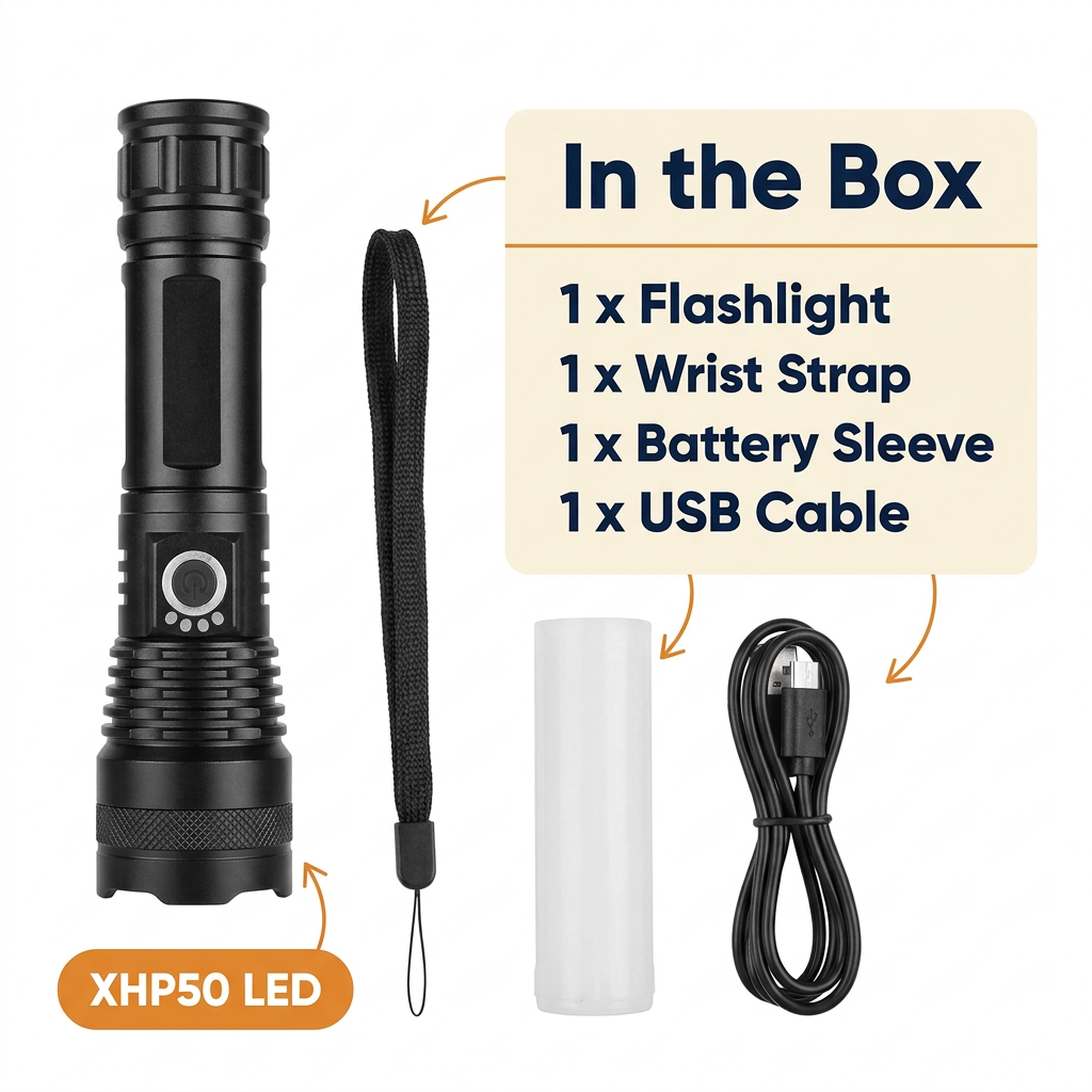 Rechargeable Tactical LED Flashlight – Super Bright XHP50 Zoom Flashlight with 5 Modes, USB Charging & Water-Resistant Aluminum Body