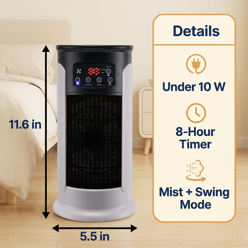 Portable Evaporative Air Cooler – Windowless Tower Room Cooler with Cooling Mist, Swing Mode & 8-Hour Timer, No Vent Needed