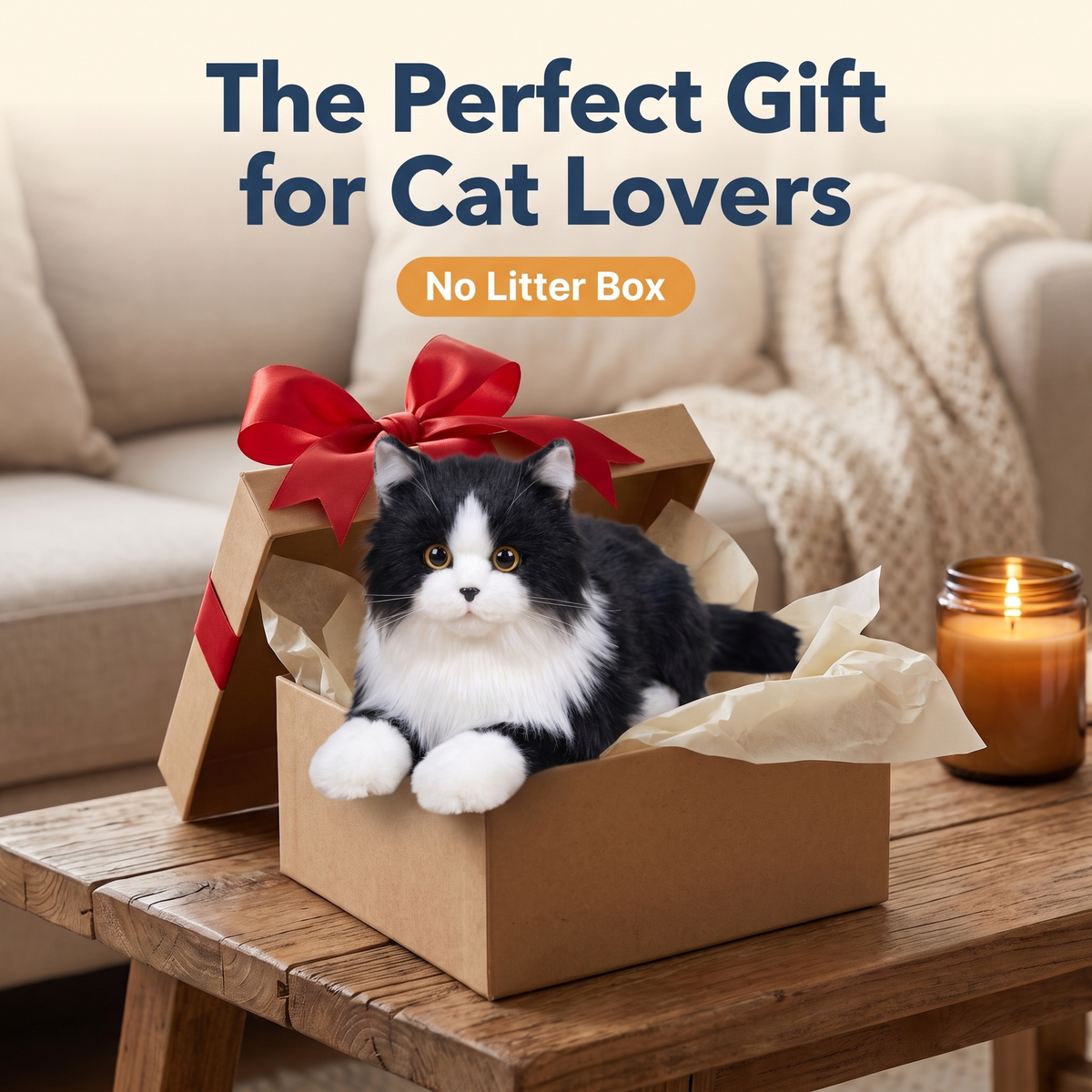Lifelike Black and White Plush Cat