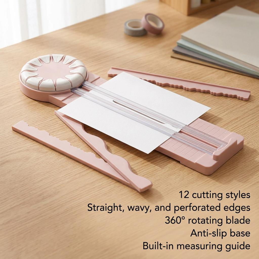 Paper trimmer with 12 cutting styles and a measuring guide