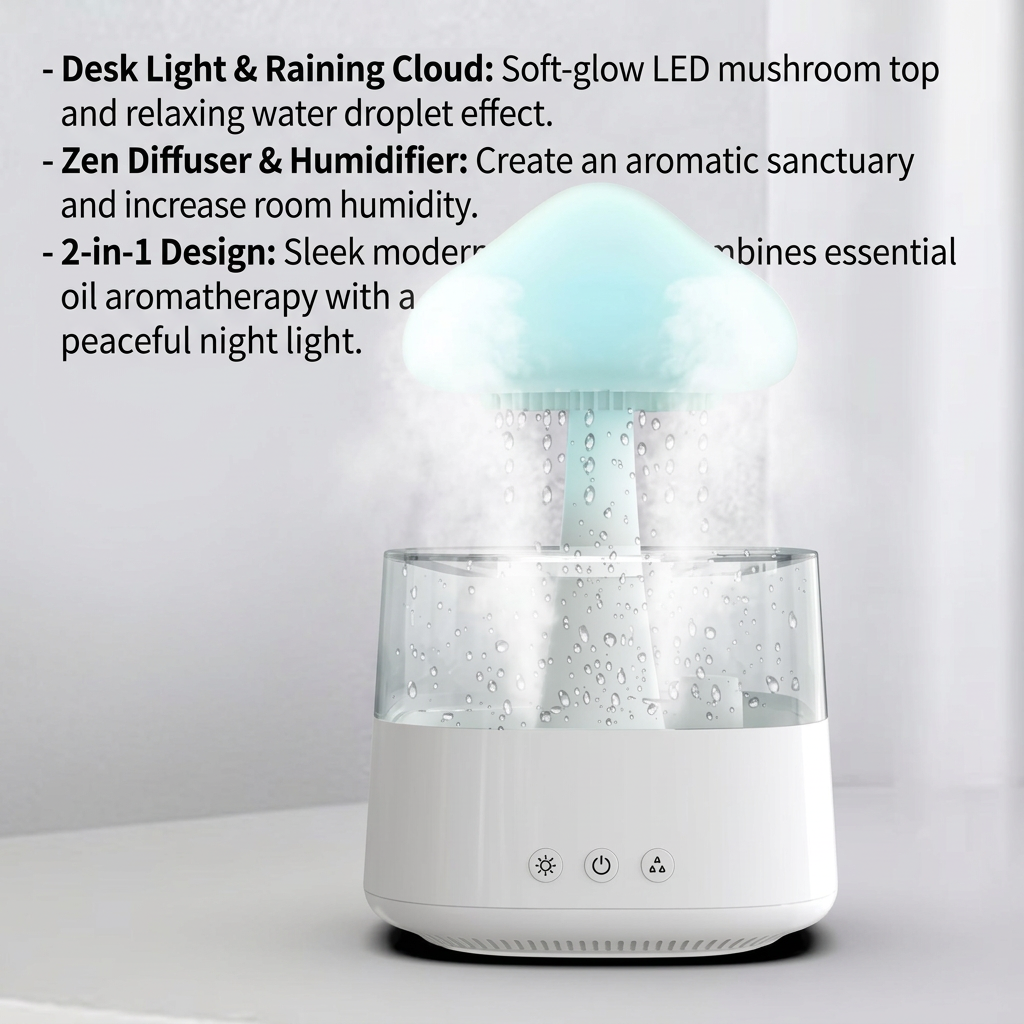 2-in-1 Desk Light Humidifier Rain Cloud Aromatherapy Essential Oil Zen Diffuser & Raining Cloud Night Light Mushroom Lamp