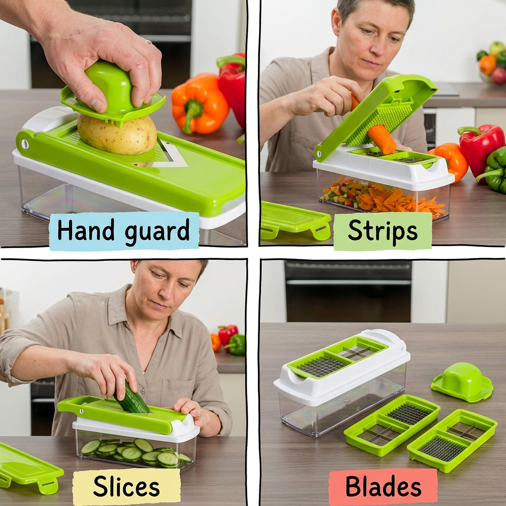 Vegetable slicer panels for hand guard, strips, slices, and blades