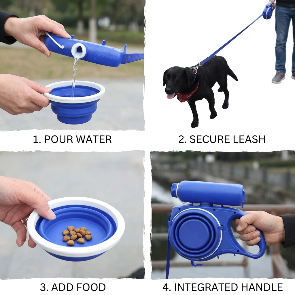 4-in-1 Multifunctional Dog Leash with Water Bottle & Bowl