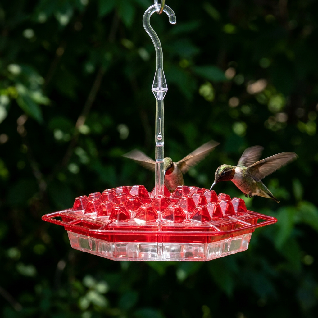 Hummingbird Feeder with Perch – 30 Diamond Feeding Ports, Built-In Ant Moat, 12 oz Hanging Outdoor Feeder