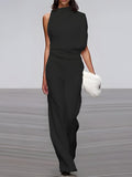 Women's round-neck, sleeveless jumpsuit with flared legs