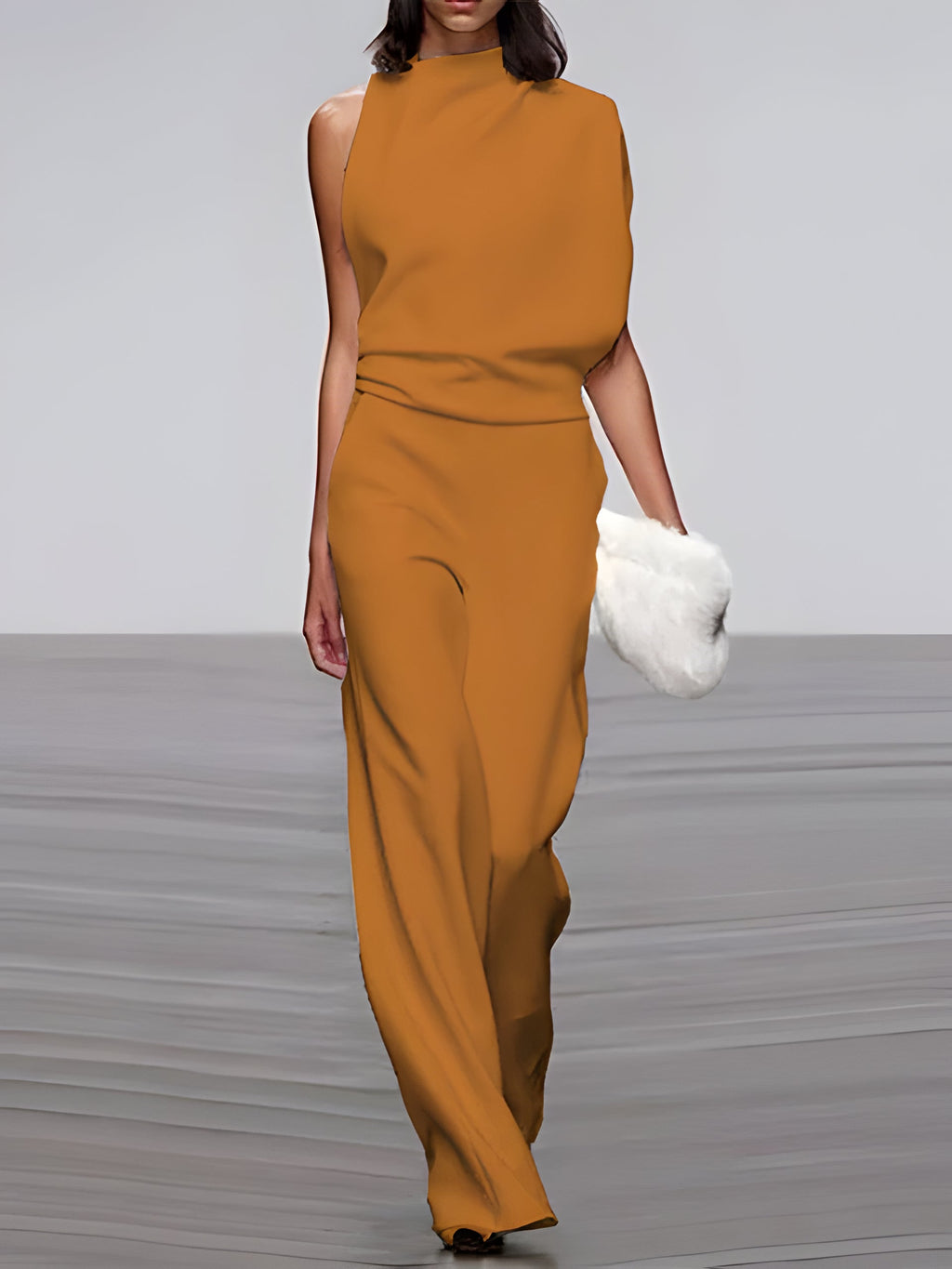 Women's round-neck, sleeveless jumpsuit with flared legs