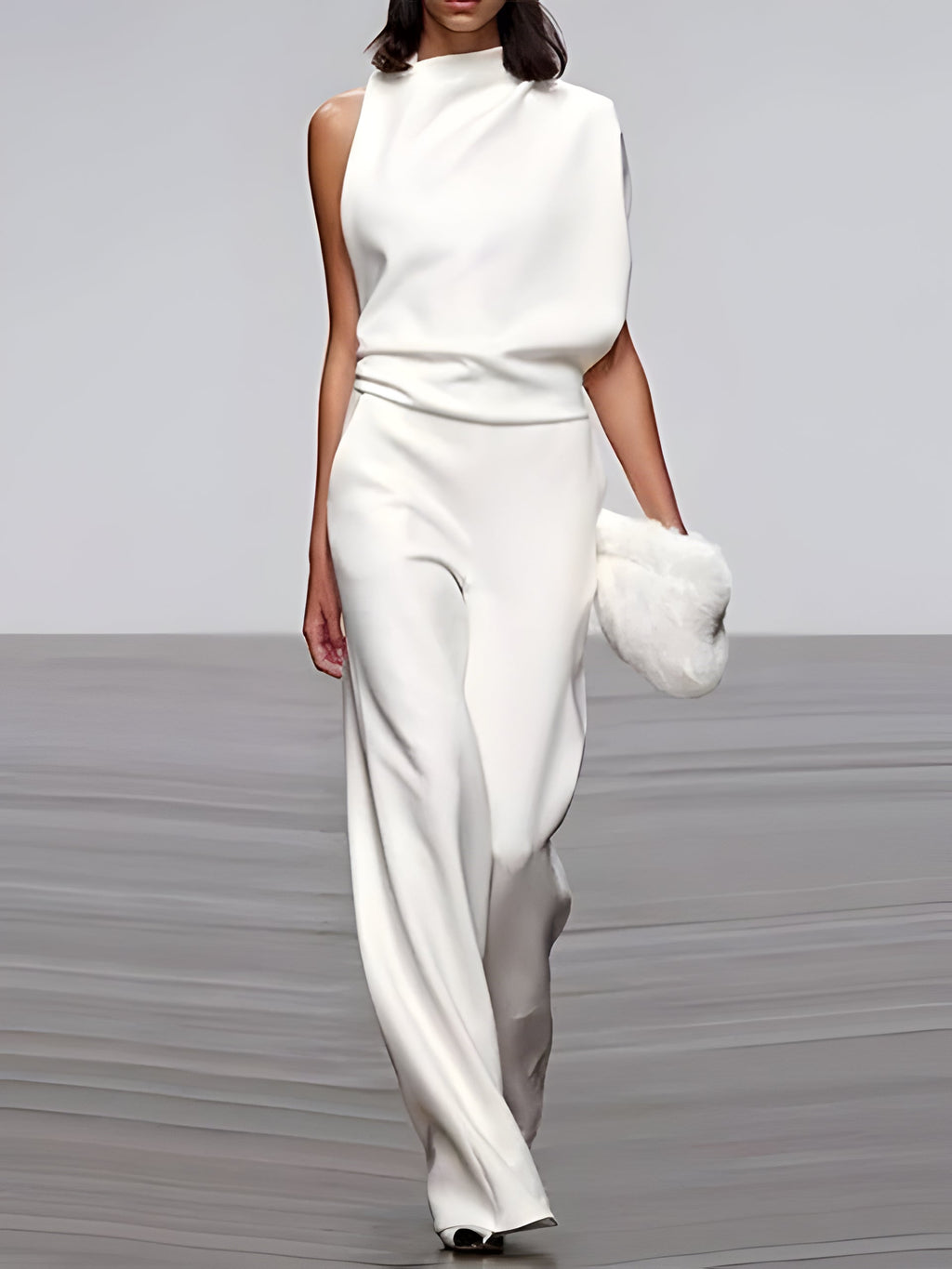 Women's round-neck, sleeveless jumpsuit with flared legs