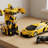Yellow transforming remote-control car displayed in both robot and vehicle modes with black remote control.