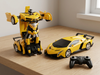 Yellow transforming remote-control car displayed in both robot and vehicle modes with black remote control.