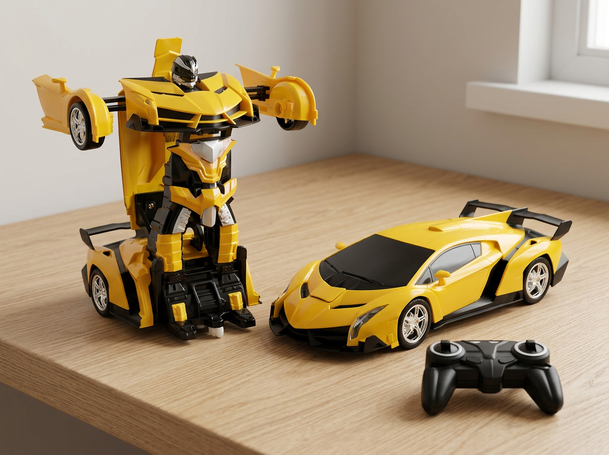 Yellow transforming remote-control car displayed in both robot and vehicle modes with black remote control.