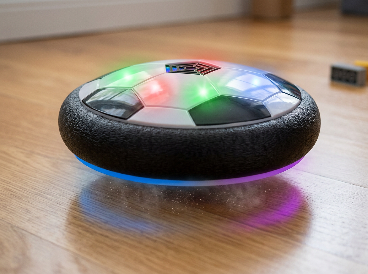 Hover ball soccer on hardwood floor