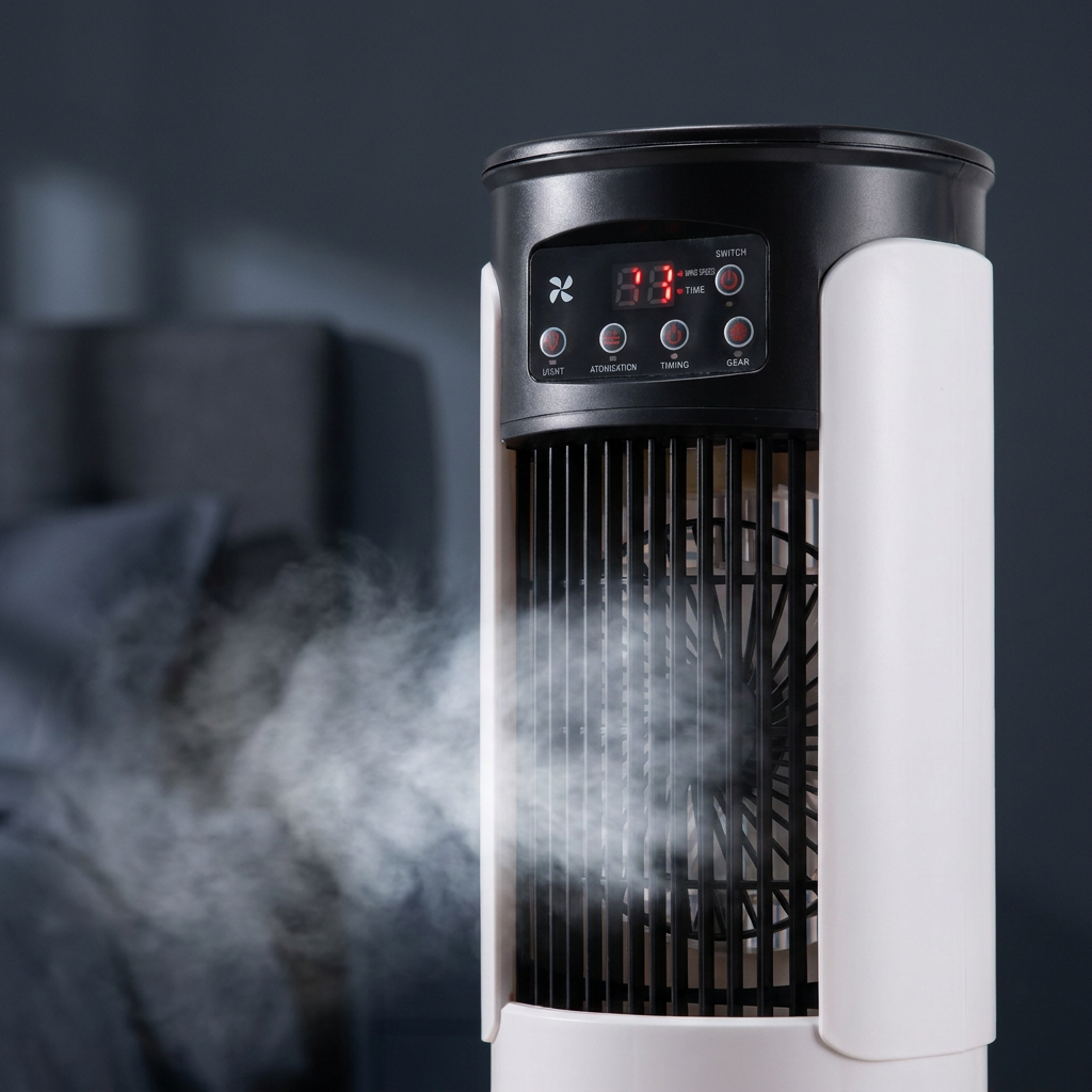 Portable Evaporative Air Cooler – Windowless Tower Room Cooler with Cooling Mist, Swing Mode & 8-Hour Timer, No Vent Needed
