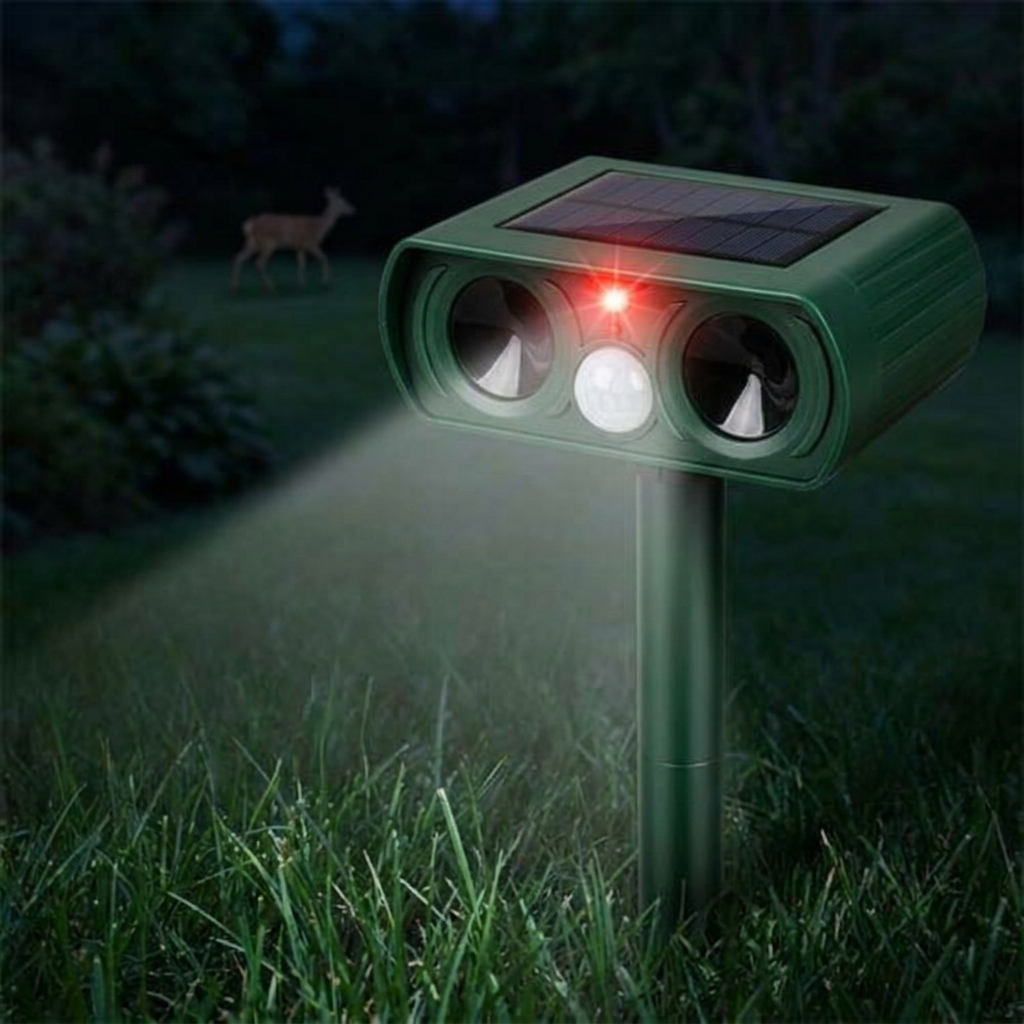 Solar Animal Repeller – Ultrasonic Outdoor Deterrent with Motion Sensor & Flashing Light for Deer, Squirrels, Cats
