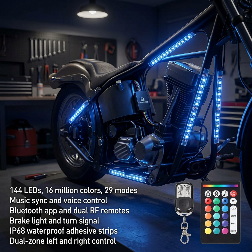 Motorcycle LED light kit features and remotes